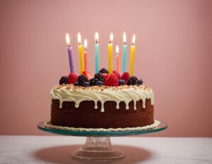 A chocolate cake topped with cream, nuts, strawberries, blackberries, blueberries and colorful candles, against a pink wall